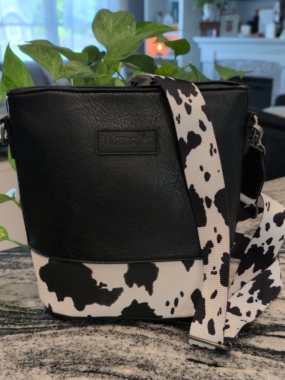 Wrangler Black and White Cow Print Crossbody Bag